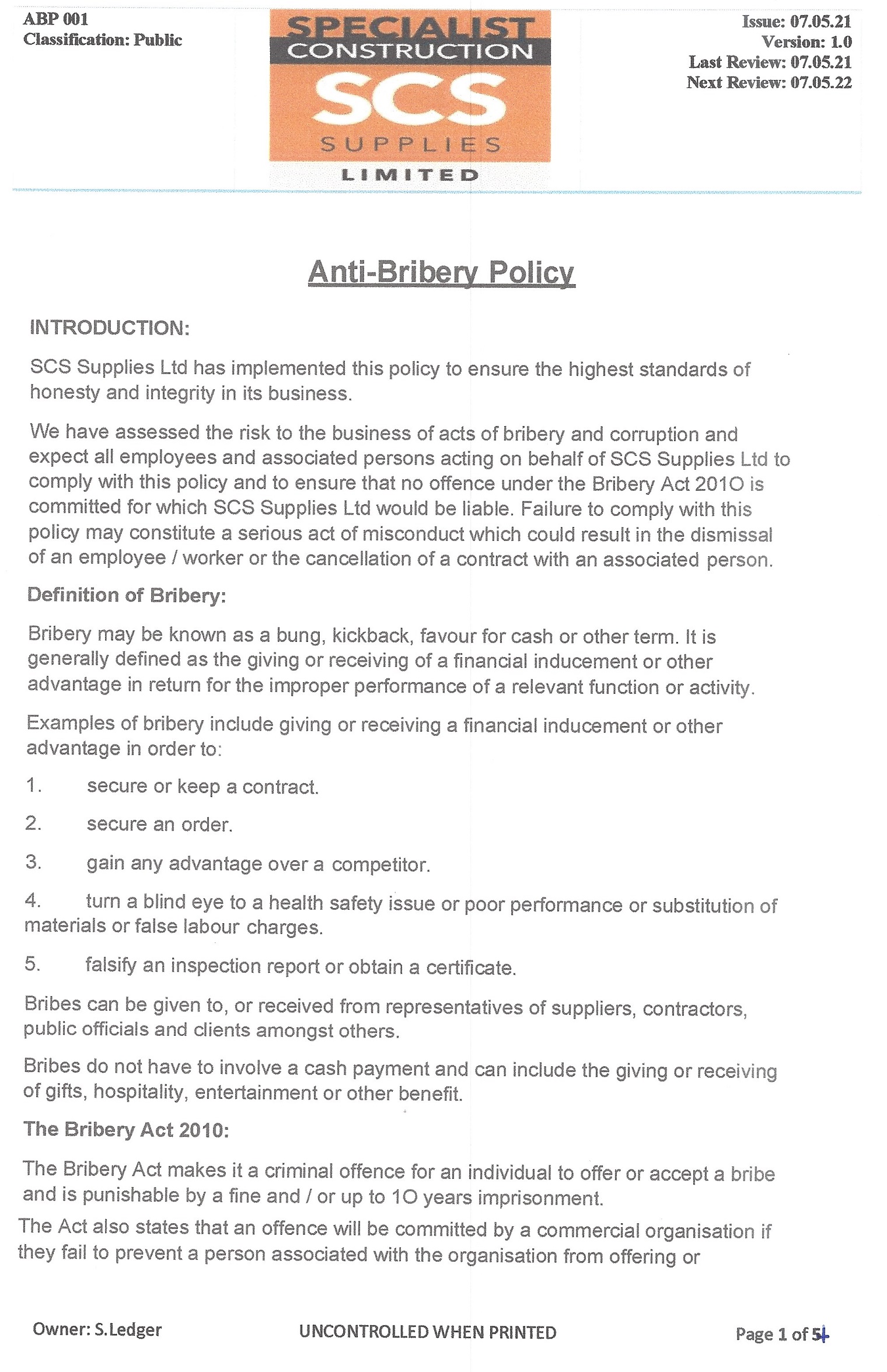 Anti-Bribery Policy